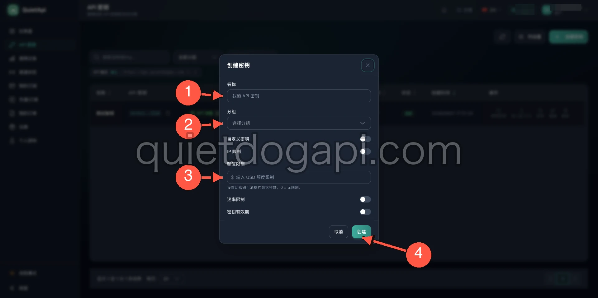 QuietApi 创建密钥对话框,箭头依次指向名称输入框、分组下拉框、额度限制输入框和右下角的创建按钮